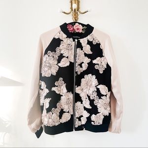 Catherine Malandrino Black and Pink Floral Bomber Jacket
